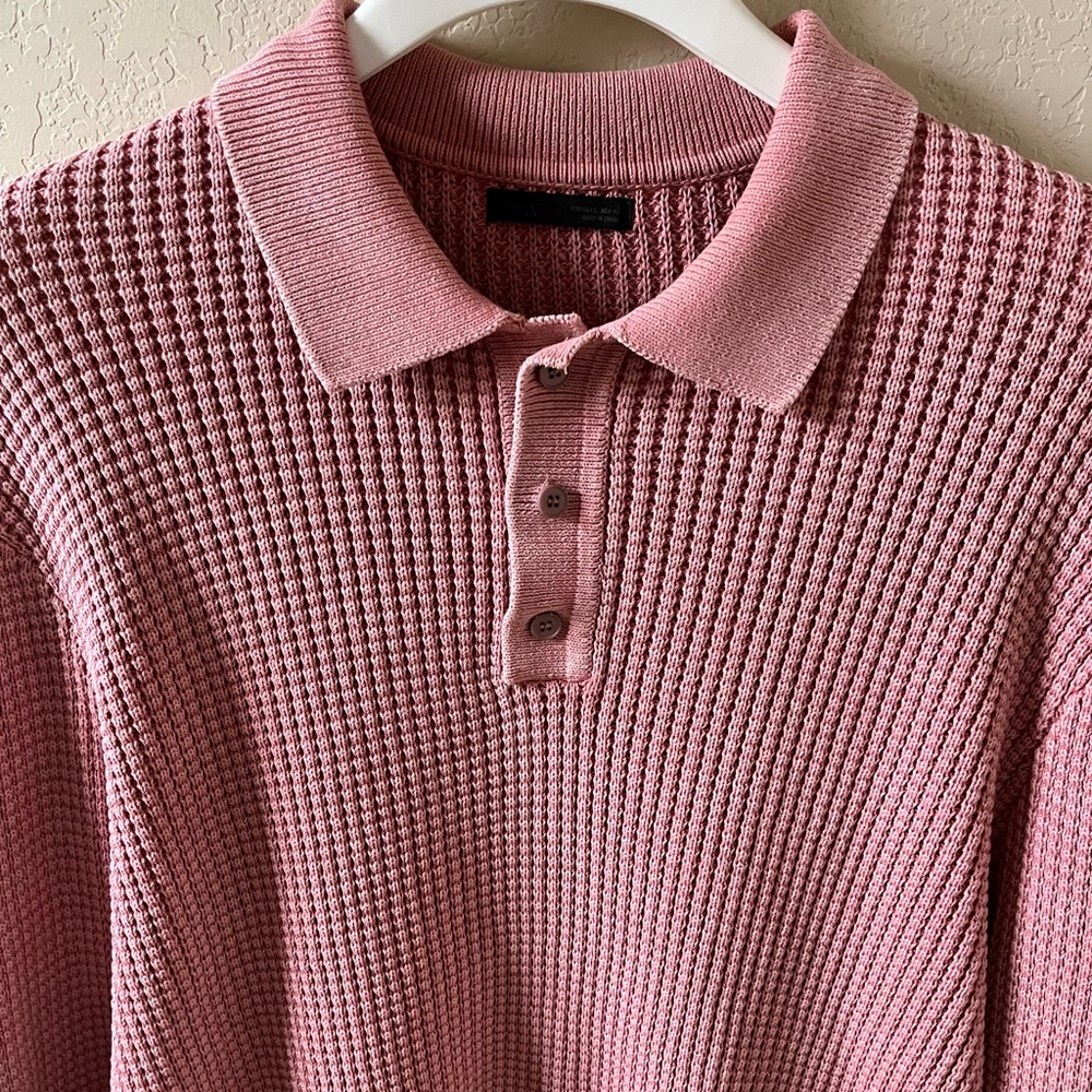 Zara Men’s Pink Long-Sleeve Button-Up Knit Polo Shirt Size L Waffle Knit - Picture 2 of 8